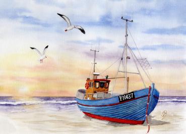 Poster DIN-A3  - Fischerboot mit Möwen im Sonnenuntergang - DK26